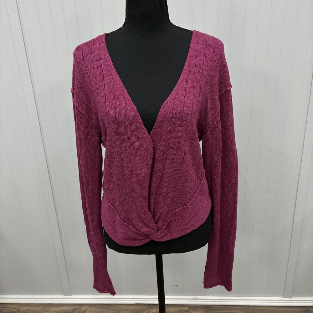 Free People Womens Medium Purple Deep V-Neck Knot Front Linen Blend Sweater Cozy